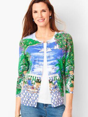 Talbots Charming Cardigan in Capri Scene Summer Beach Vacation Resortwear Sz L